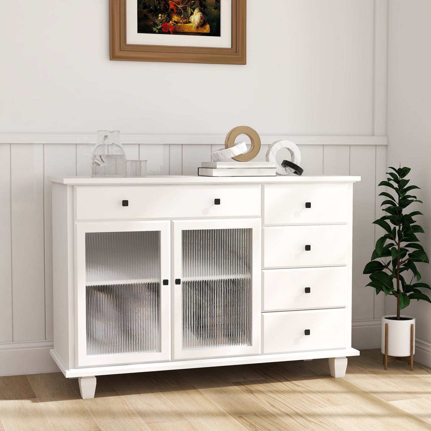 Super White Changhong Glass 5 Drawer 2 Door Cabinet-White