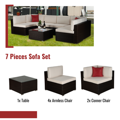 Outdoor Garden Patio Furniture 7-Piece Brown PE Rattan Wicker Sectional Beige Cushioned Sofa Sets with 2 Red Pillows