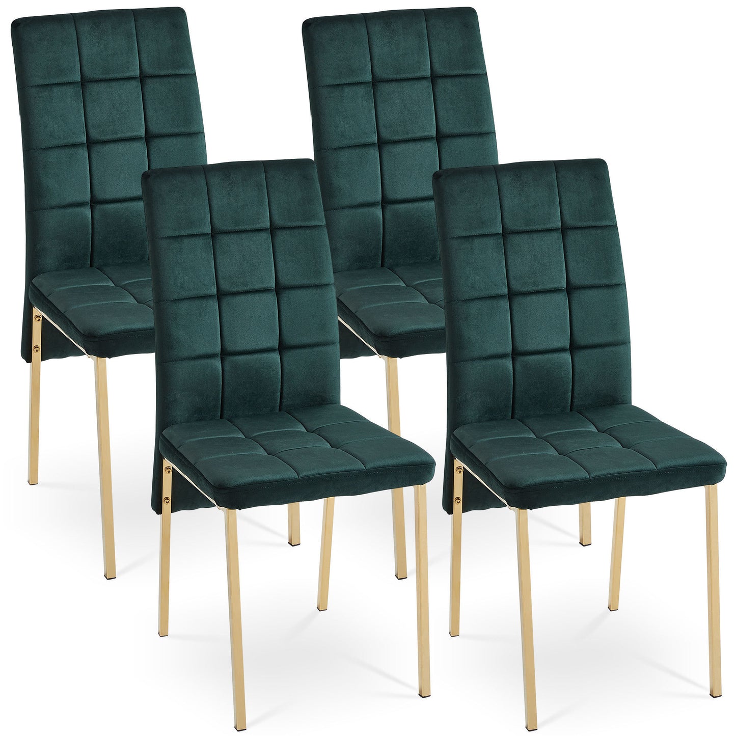 Green Velvet High Back Nordic Dining Chair Modern Fabric Chair with Golden Color Legs, Set Of 4