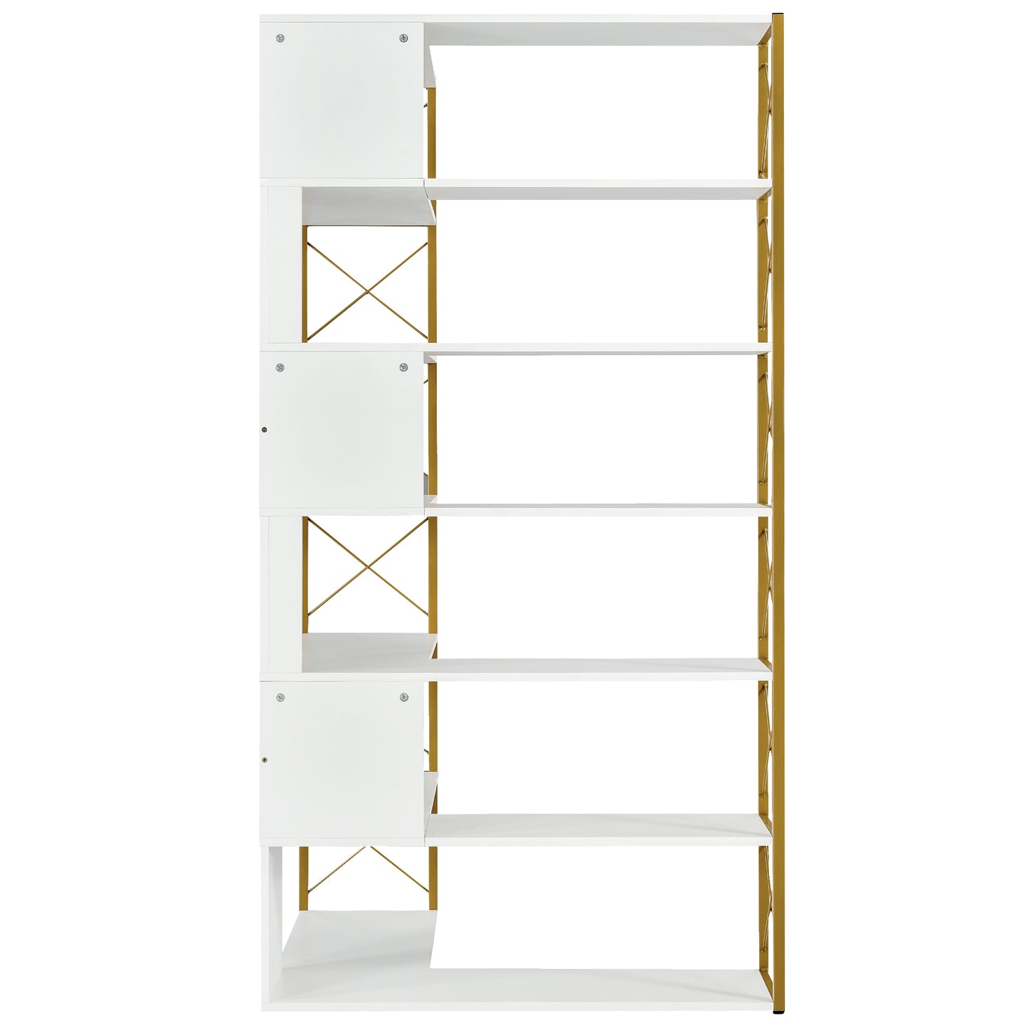 Golden+White 7-Tier Bookcase Home Office Bookshelf,  L-Shaped Corner Bookcase with Metal Frame, Industrial Style Shelf with Open Storage, MDF Board