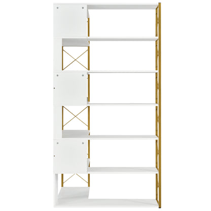 Golden+White 7-Tier Bookcase Home Office Bookshelf,  L-Shaped Corner Bookcase with Metal Frame, Industrial Style Shelf with Open Storage, MDF Board