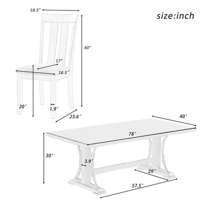 TREXM 7-Piece Retro Style Dining Table Set 78" Wood Rectangular Table and 6 Dining Chairs for Dining Room (Espresso)