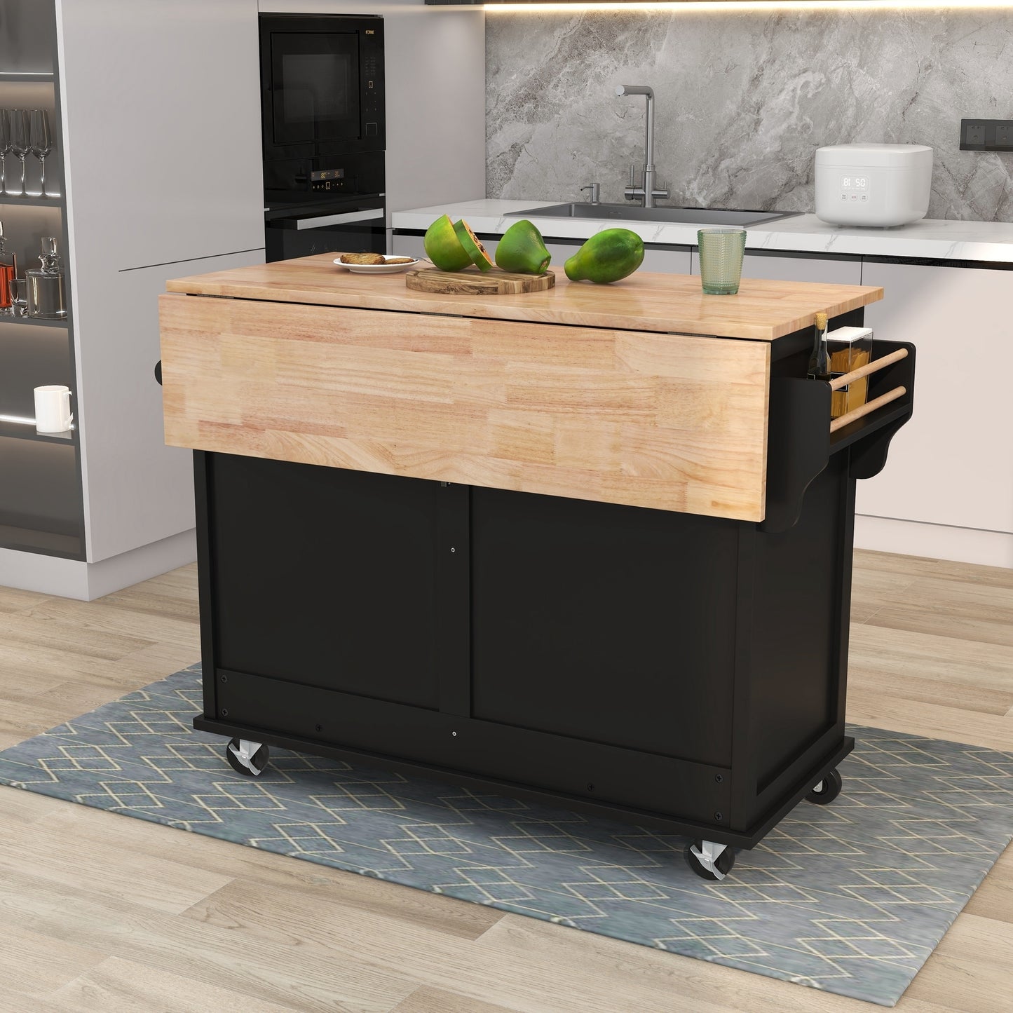 K&K Kitchen Cart with Rubber wood Drop-Leaf Countertop, Concealed sliding barn door adjustable height,Kitchen Island on 4 Wheels with Storage Cabinet and 2 Drawers,L52.2xW30.5xH36.6 inch, Black