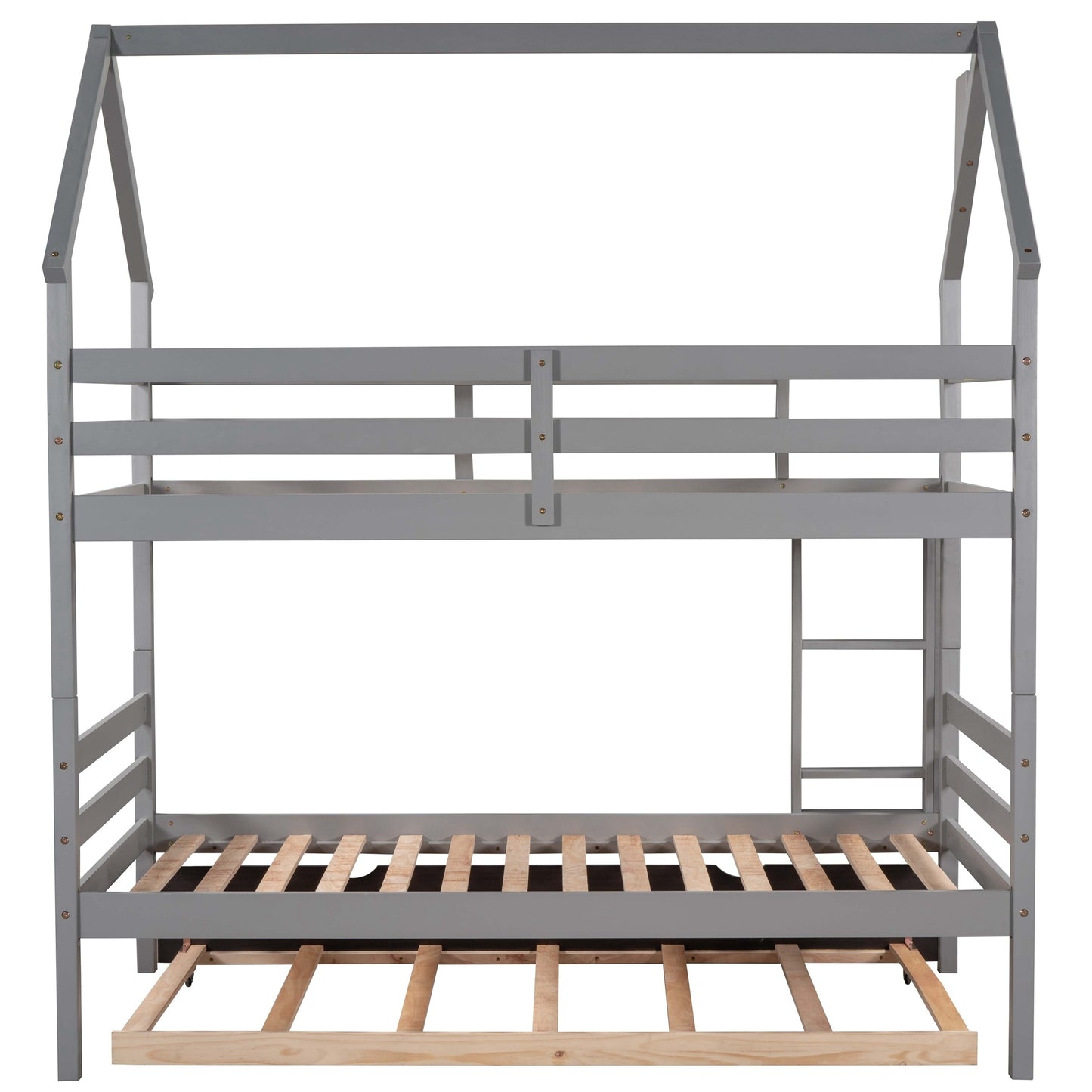 Twin over Twin House Bunk Bed with Trundle and Chimney Design,Gray