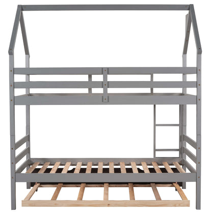 Twin over Twin House Bunk Bed with Trundle and Chimney Design,Gray