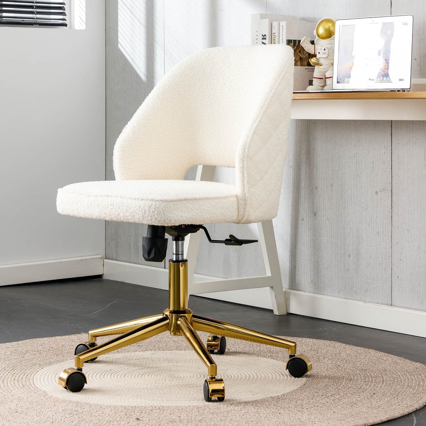 Modern Home Teddy Velvet Office Chairs, Adjustable 360 °Swivel Chair Engineering Plastic Armless Swivel Computer Chair With Wheels for Living Room, Bed Room Office Hotel Dining Room.White.