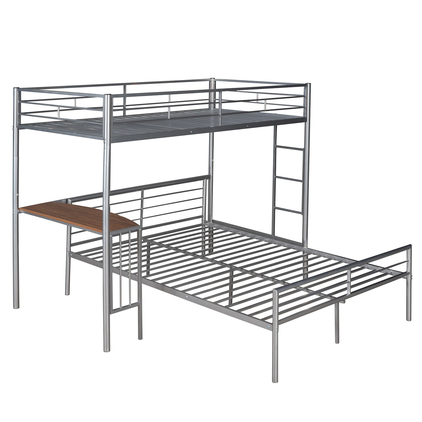 Twin Over Full Metal Bunk Bed with Desk, Ladder and Quality Slats for Bedroom, Metallic Silver（OLD SKU :LP000092AAN）