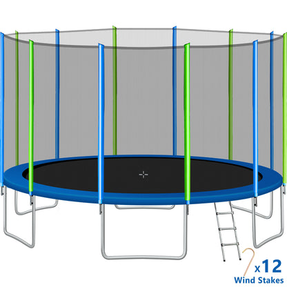 16FT Trampoline for Kids with Safety Enclosure Net, Ladder and 12 Wind Stakes, Round Outdoor Recreational Trampoline