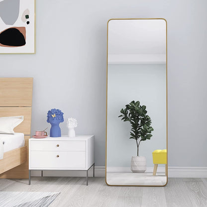 Full-Length Mirror 63"x20", Round Corner Aluminum Alloy Frame Floor Full Body Large Mirror, Stand or Leaning Against Wall for Living Room or Bedroom, Gold