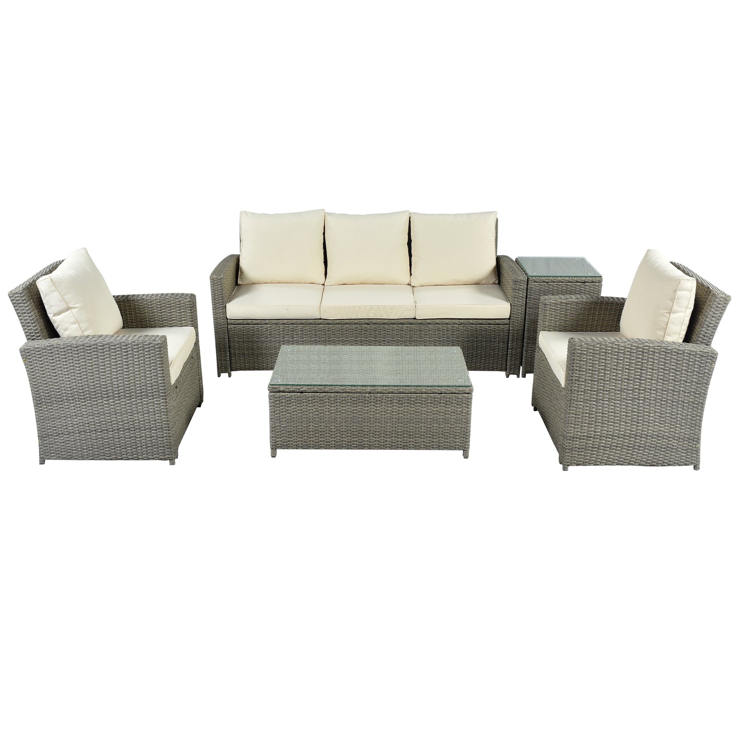 U_Style 5 Piece Rattan Sectional Seating Group with Cushions and table, Patio Furniture Sets, Outdoor Wicker Sectional