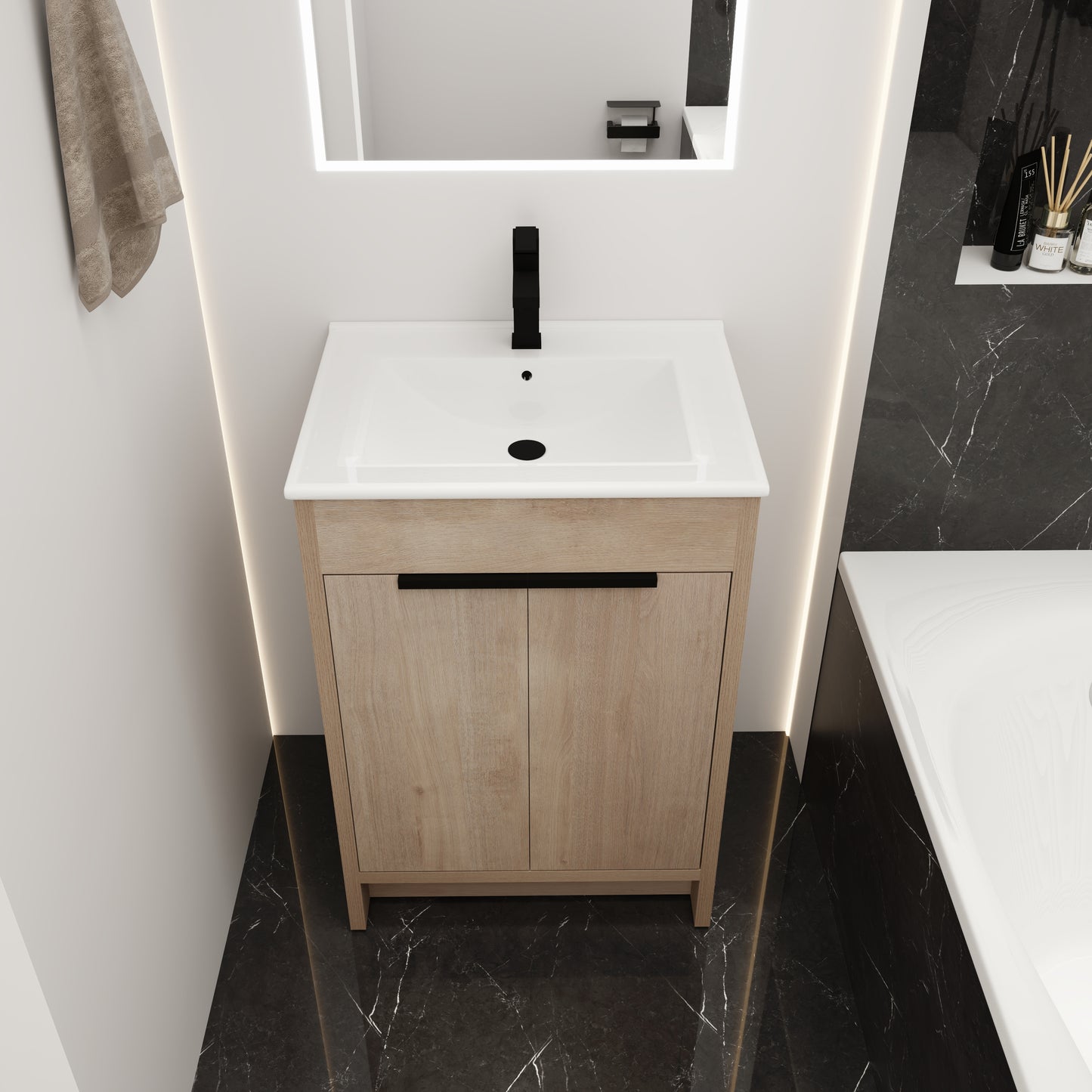 Freestanding Bathroom Vanity with White Ceramic Sink & 2 Soft-Close Cabinet Doors ((KD-PACKING),BVB02424PLO-G-BL9060B)