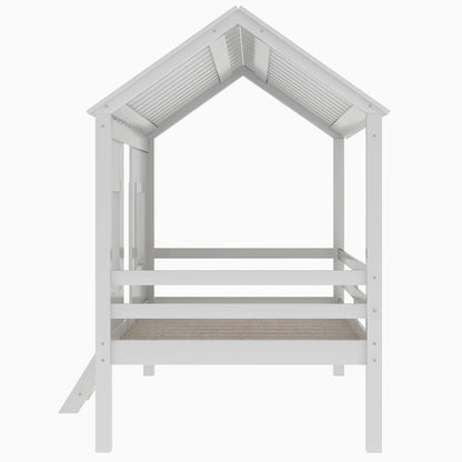 Twin Size Low Loft House Bed with Roof and Two Front Windows,White(OLD SKU:SM000703AAK)