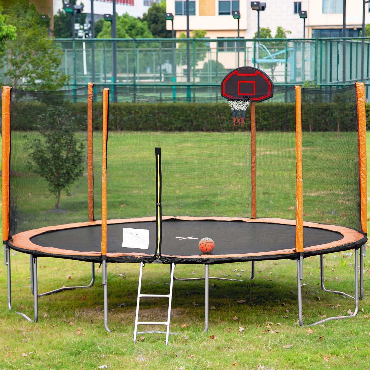 14FT Powder-coated Advanced Trampoline with Basketball Hoop Inflator and Ladder(Outer Safety Enclosure) Orange