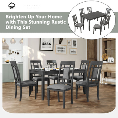 TOPMAX 7-Piece Farmhouse Rustic Wooden Dining Table Set Kitchen Furniture Set with 6 Padded Dining Chairs, Gray