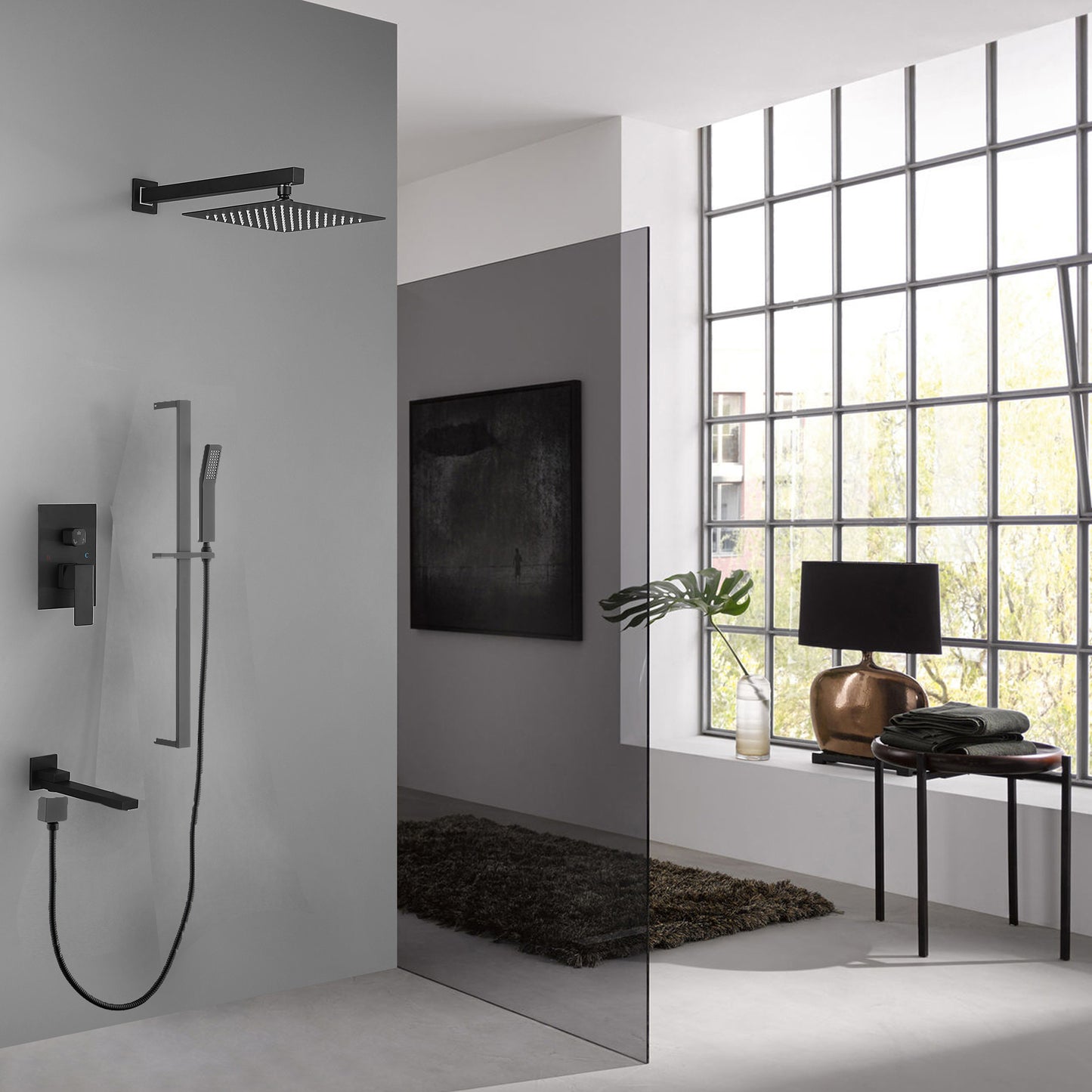 Shower System 10 Inch Square Bathroom Luxury Rain Mixer Shower Combo Set Pressure Balanced Shower System with Shower Head, Hand Shower, Slide Bar, Shower Arm, Hose, and Valve Trim