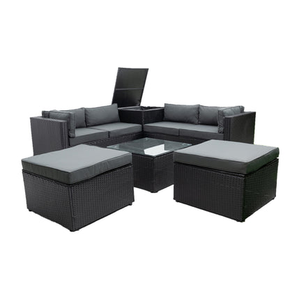 6 Piece Patio Rattan Wicker Outdoor Furniture Conversation Sofa Set with Storage Box Removeable Cushions and Temper glass TableTop