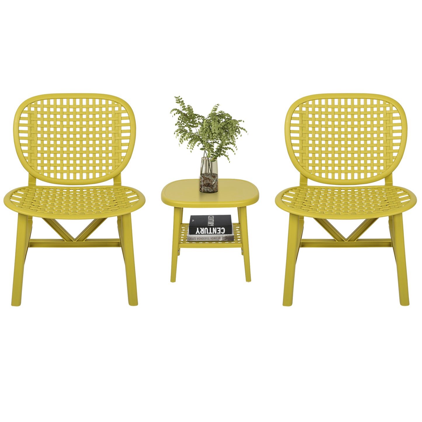 3 Pieces Hollow Design Patio Table Chair Set All Weather Conversation Bistro Set Outdoor Coffee Table with Open Shelf and Lounge Chairs with Widened Seat for Balcony Garden Yard Yellow