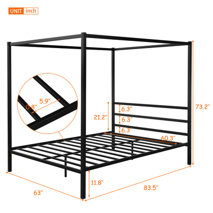 Metal Framed Canopy Platform Bed with Built-in Headboard,No Box Spring Needed, Classic Design, Queen , Black