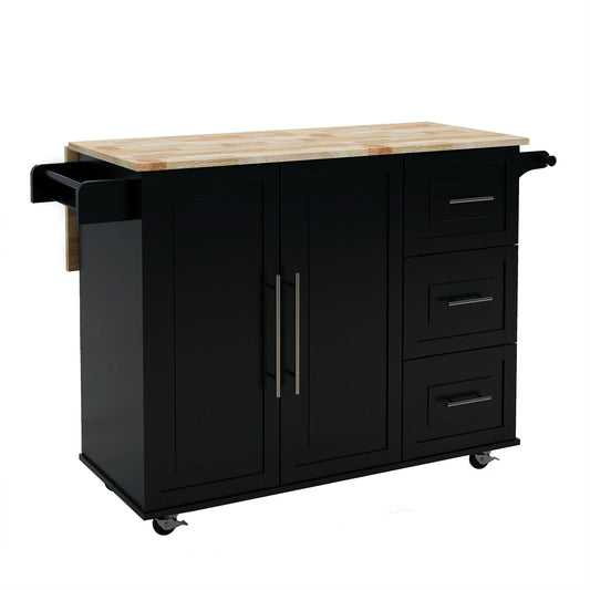 Kitchen Island with Spice Rack, Towel Rack and Extensible Solid Wood Table Top-Black