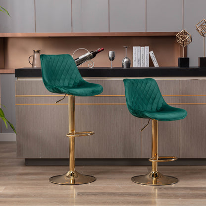 Set of 2  Bar Stools,with Chrome Footrest and Base Swivel Height Adjustable Mechanical Lifting Velvet + Golden Leg Simple Bar Stool-green