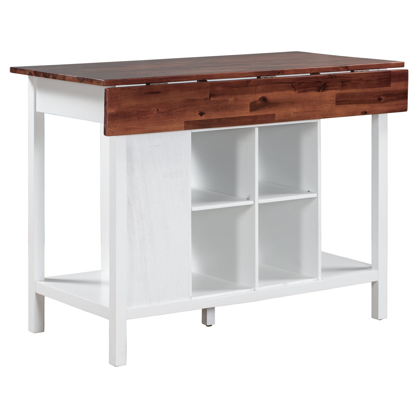 TOPMAX Farmhouse Stationary Wood Dining Table Drop Leaf Kitchen Island with Storage Shelves, Dark Walnut+White