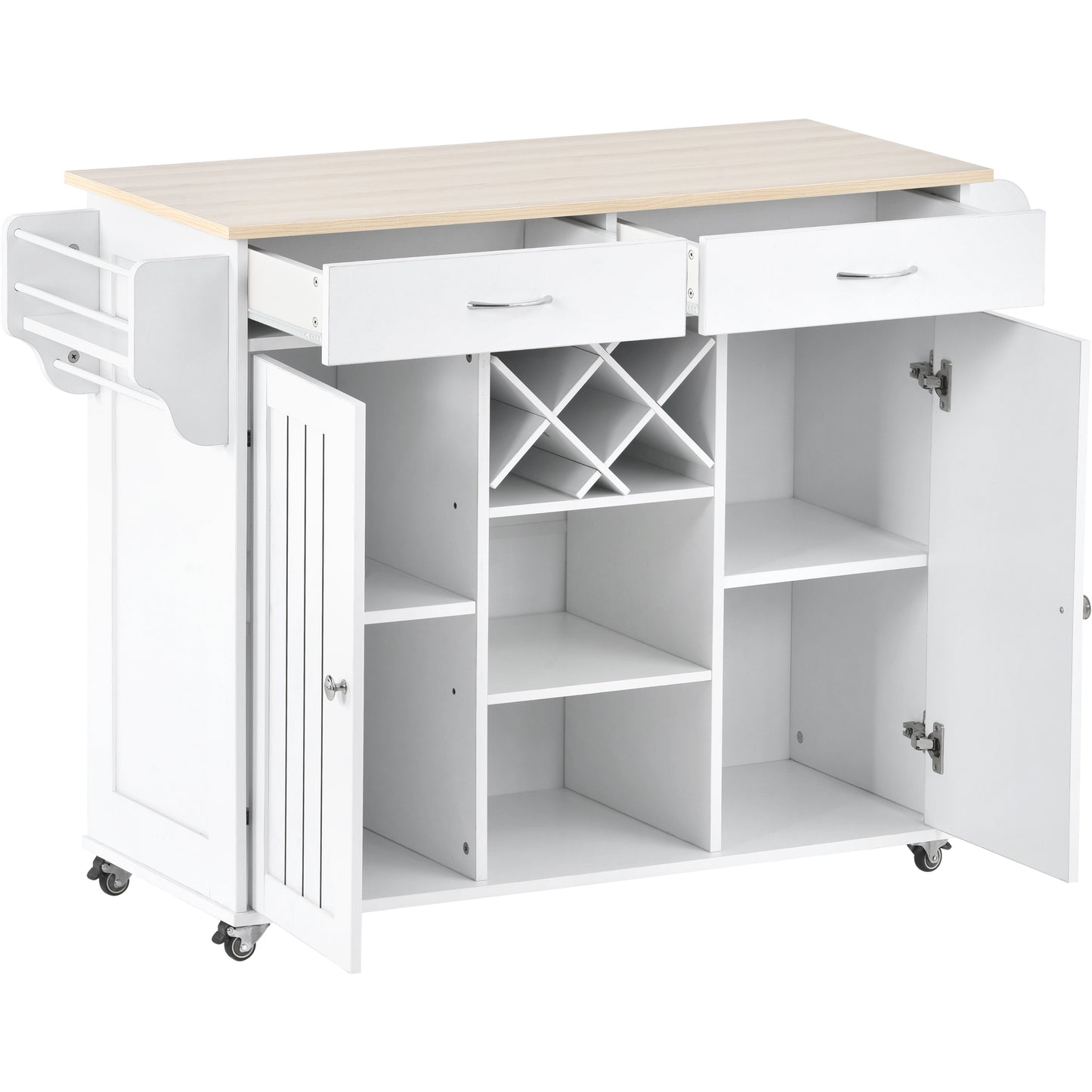 K&K Store Kitchen Island Cart with Two Storage Cabinets and Four Locking Wheels，Wine Rack, Two Drawers,Spice Rack, Towel Rack （White）