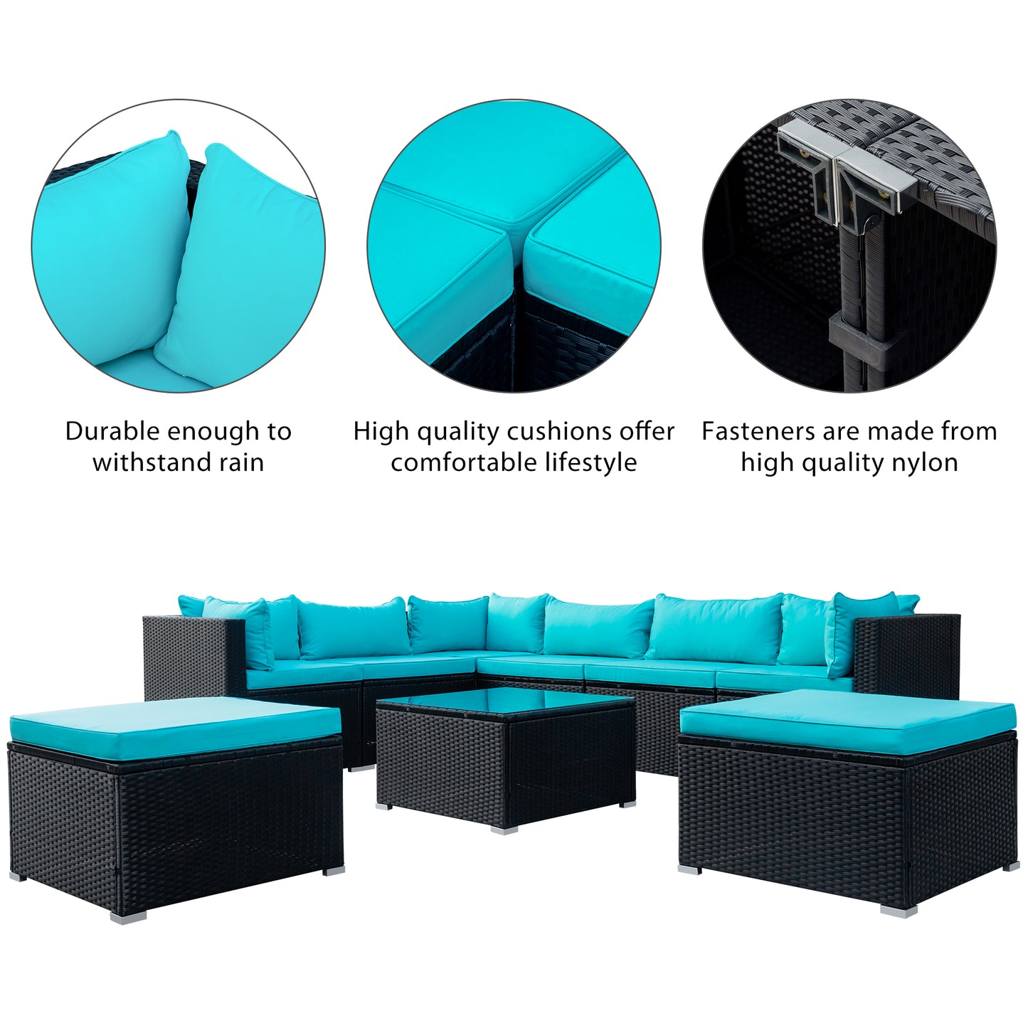 GO 9-piece Outdoor Patio PE Wicker Rattan conversation Sectional Sofa sets with 3 sofa, 3 corner sofa, 2 ottomans, and 1 glass coffee table, removable soft cushions (Black wicker, Blue cushion)