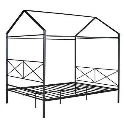 Queen Size Metal House Shape Platform Bed,Black