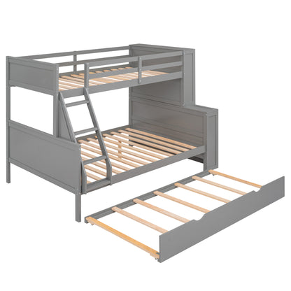 Twin over Full Bunk Bed with Trundle and Shelves, can be Separated into Three Separate Platform Beds, Gray