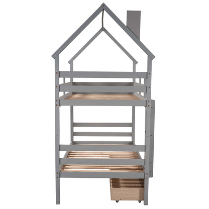 Twin over Twin House Bunk Bed with Two Drawers and Chimney Design,Gray