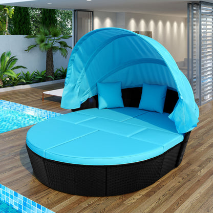 Outdoor rattan daybed sunbed with Retractable Canopy Wicker Furniture, Round Outdoor Sectional Sofa Set, black Wicker Furniture Clamshell  Seating with Washable Cushions, Backyard, Porch, Blue.