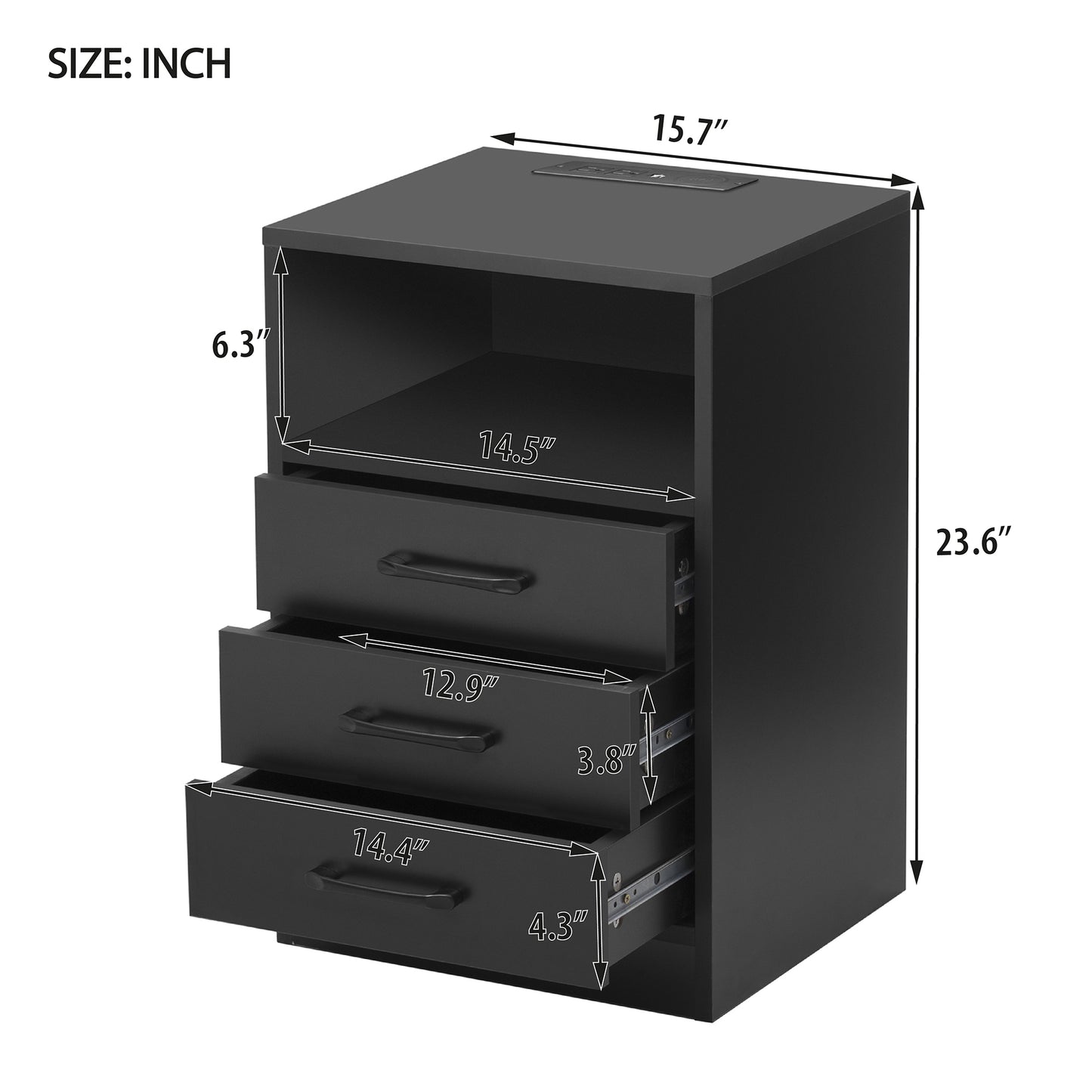 Nightstand with 3 Drawers and Cabinet,USB Charging Ports, Wireless Charging and Remote Control LED Light-Black