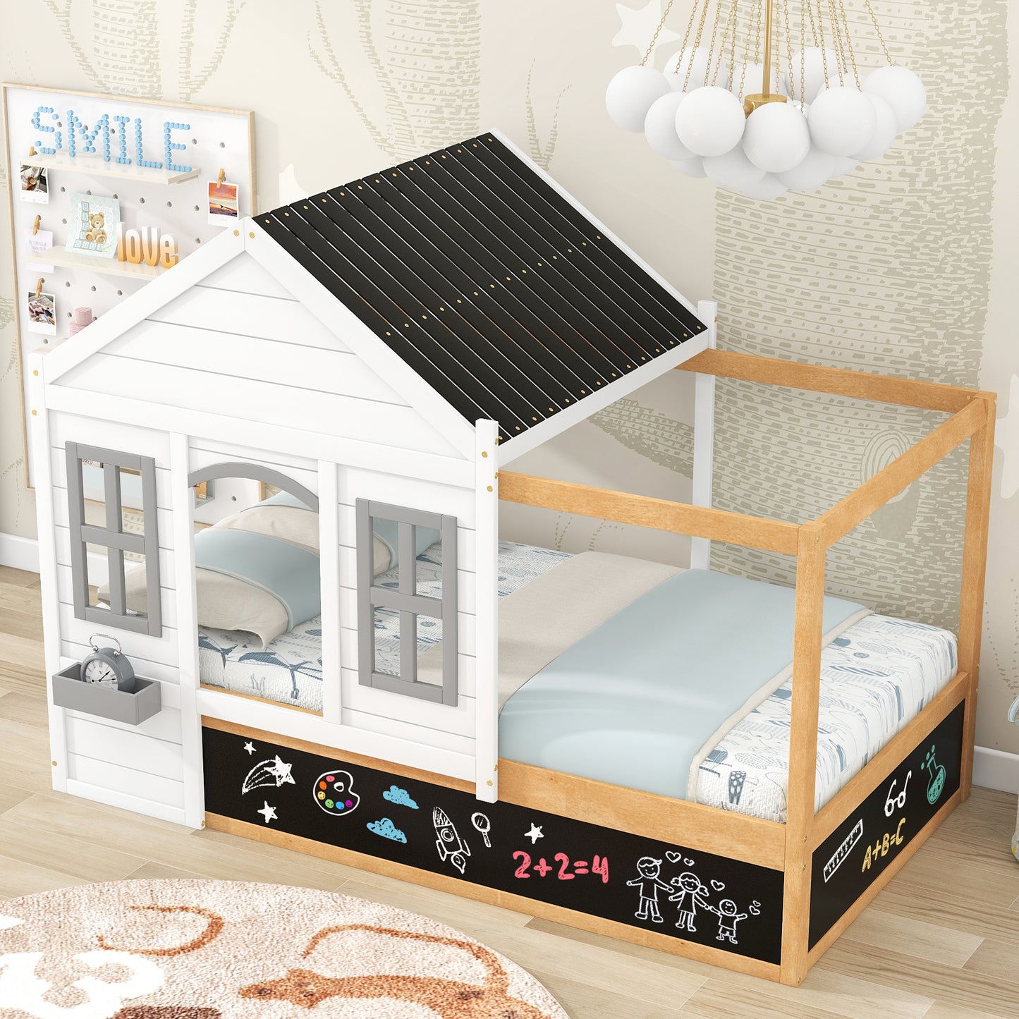 Twin Size House Shaped Canopy Bed with Black Roof and White Window,Blackboard and Little Shelf,White