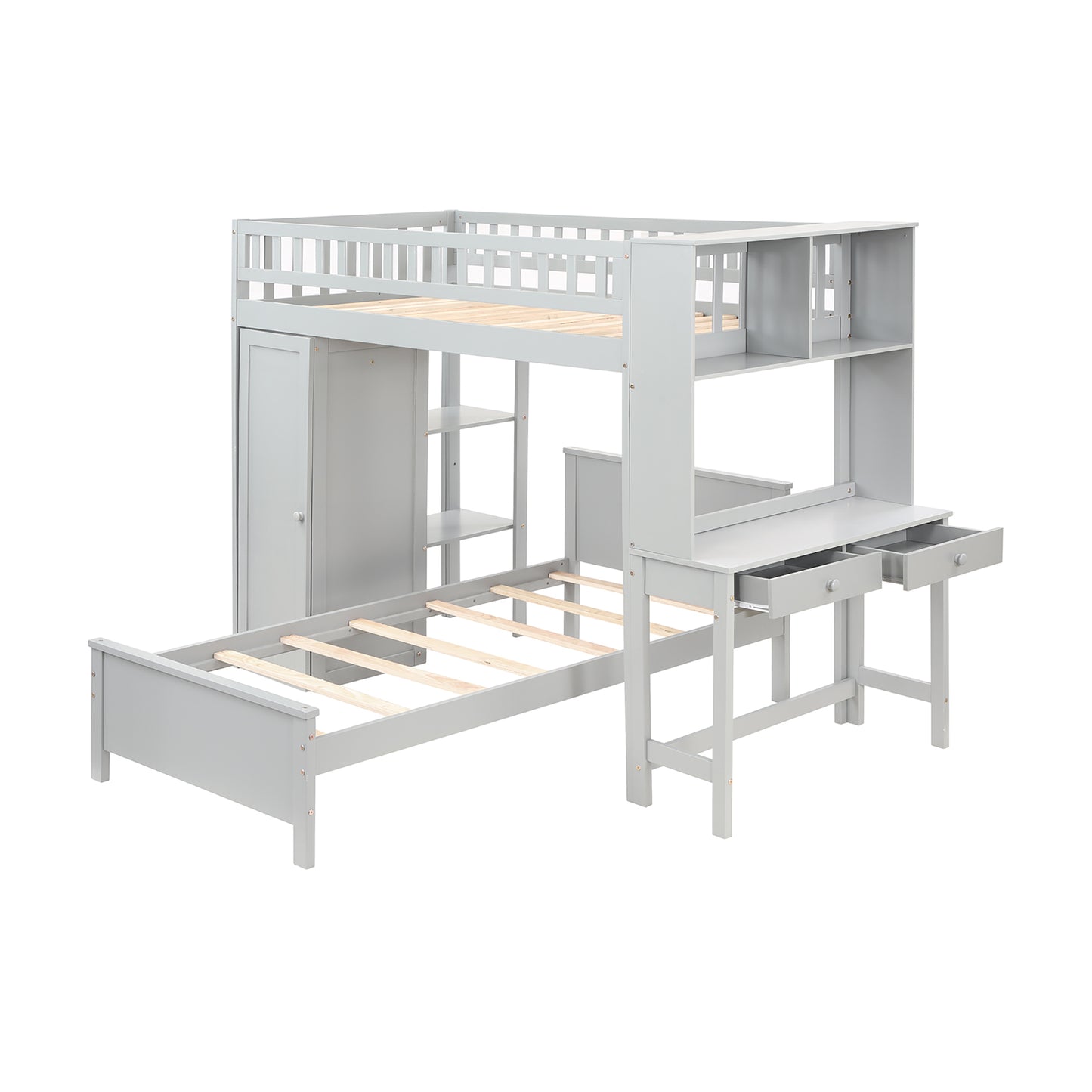 Twin Size Loft Bed with Closet and Desk, Extra Bottom Twin Bed, Grey