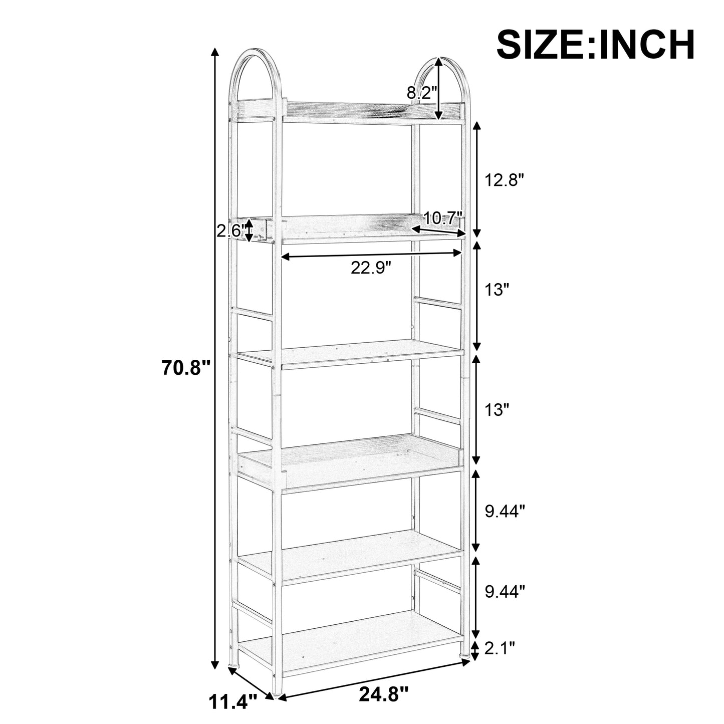 70.8 Inch Tall Bookshelf, 6-tier Shelves with Round Top Frame, MDF Boards, Adjustable Foot Pads, Black