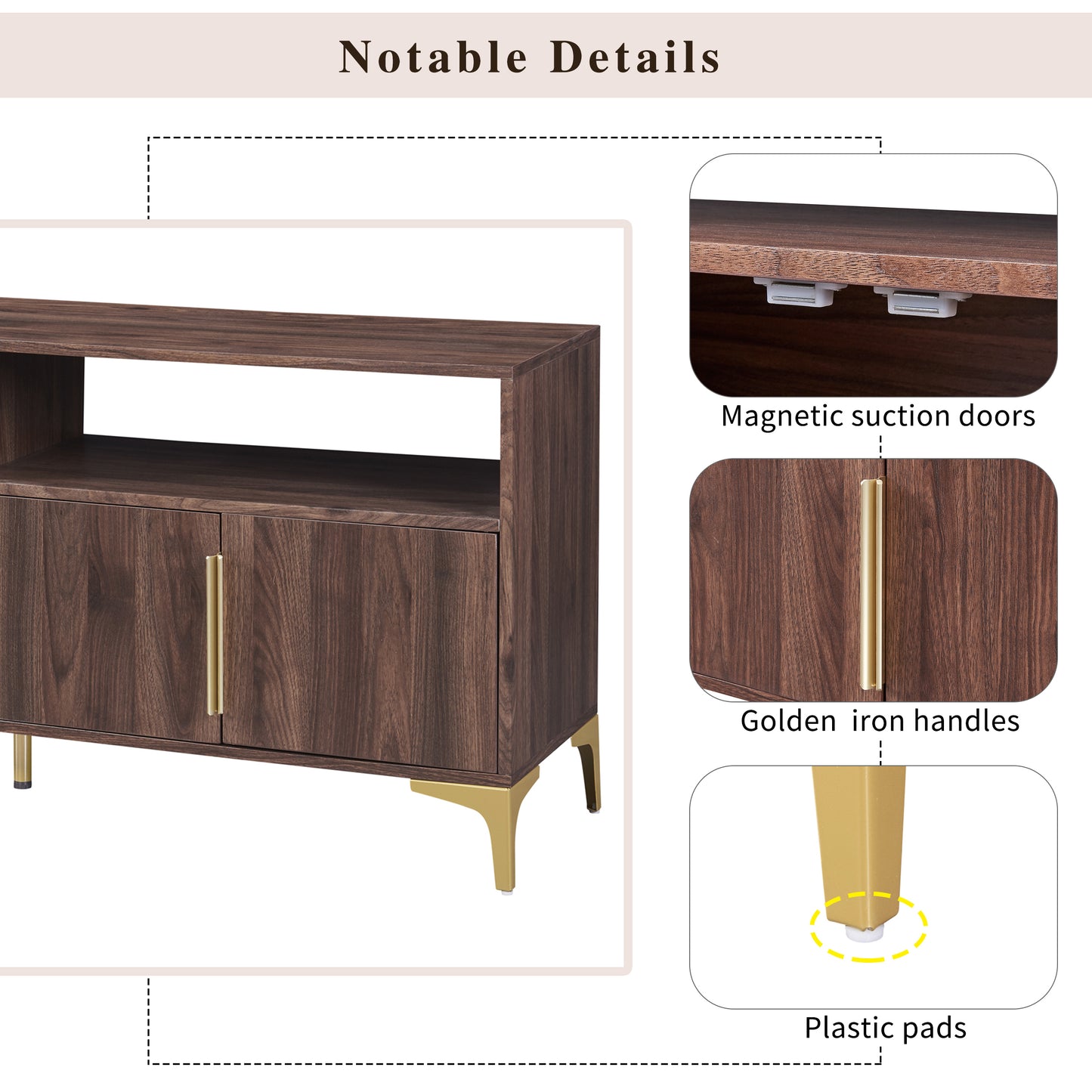 TREXM 58” L Sideboard with Gold Metal Legs and Handles Sufficient Storage Space Magnetic Suction Doors (Brown)