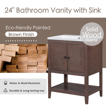 [VIDEO] 24" Brown Modern Sleek Bathroom Vanity Elegant Ceramic Sink with Solid Wood Frame Open Style Shelf