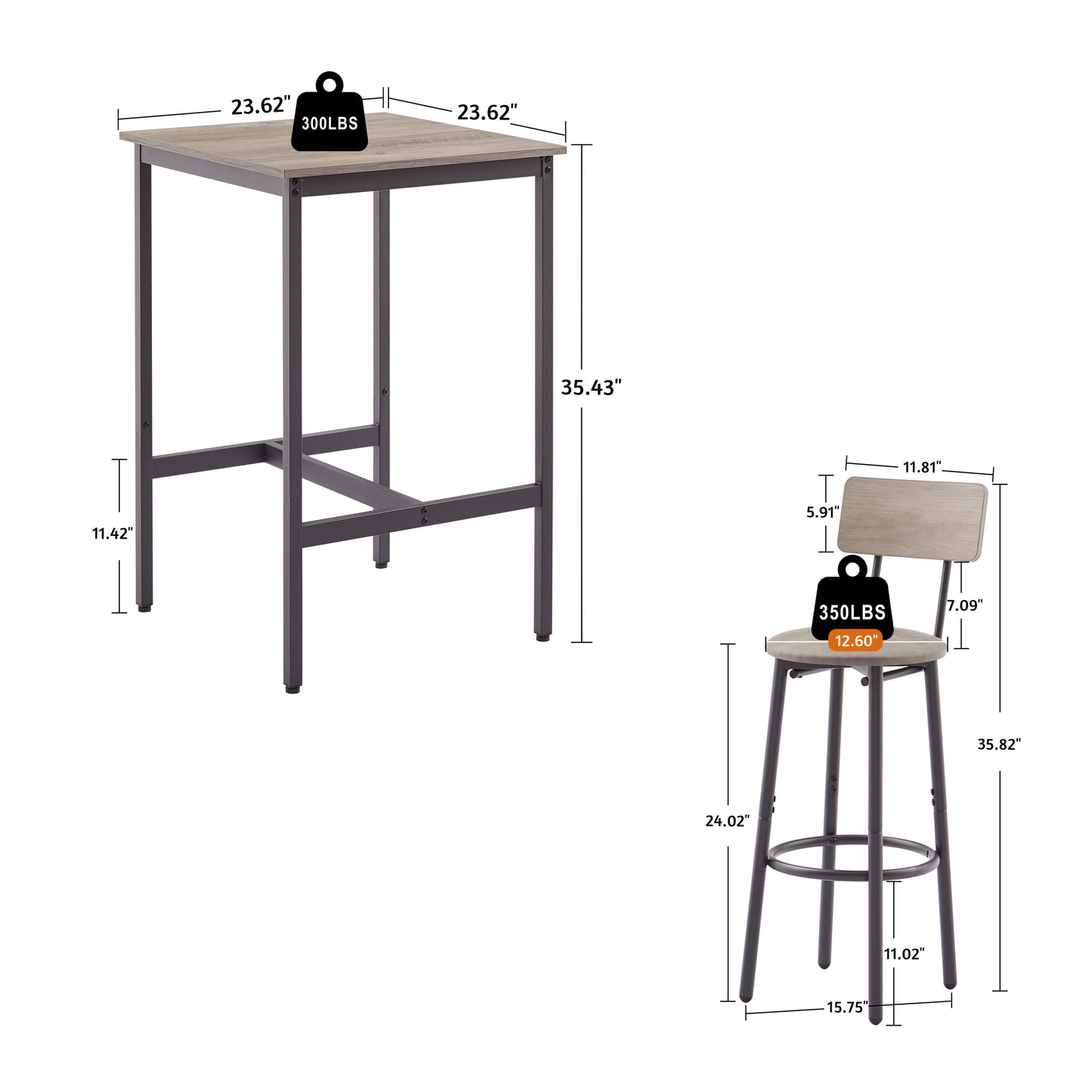 Bar Table Set with 2 Bar stools PU Soft seat with backrest (Grey，23.62’’w x 23.62’’d x 35.43’’h)