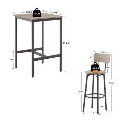 Bar Table Set with 2 Bar stools PU Soft seat with backrest (Grey，23.62’’w x 23.62’’d x 35.43’’h)