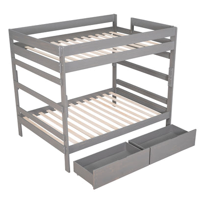 Full over Full Wood Bunk Bed with 2 Drawers, Gray