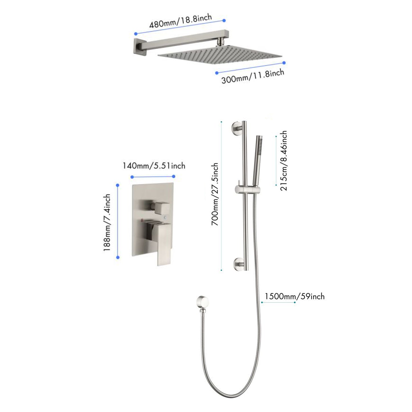 Shower System 12 Inch Square Bathroom Luxury Rain Mixer Shower Combo Set Pressure Balanced Shower System with Shower Head, Hand Shower, Slide Bar, Shower Arm, Hose, and Valve Trim