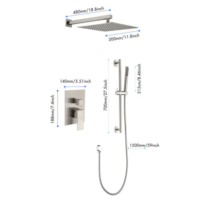 Shower System 12 Inch Square Bathroom Luxury Rain Mixer Shower Combo Set Pressure Balanced Shower System with Shower Head, Hand Shower, Slide Bar, Shower Arm, Hose, and Valve Trim