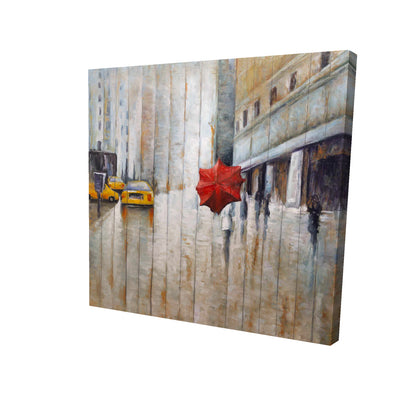 Red umbrella in the street - 16x16 Print on canvas