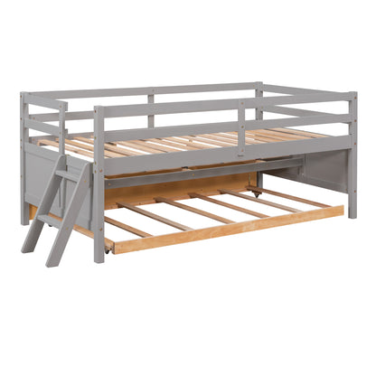 Low Loft Bed Twin Size with Full Safety Fence, Climbing ladder, Storage Drawers and Trundle Gray Solid Wood Bed