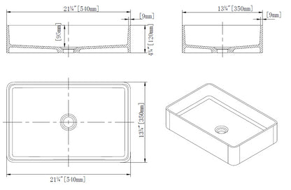 21.25'' x13.75''   Matte white Bathtoom Vessel Basin Artificial Stone Solid Surface Countertop Sink 540x350MM