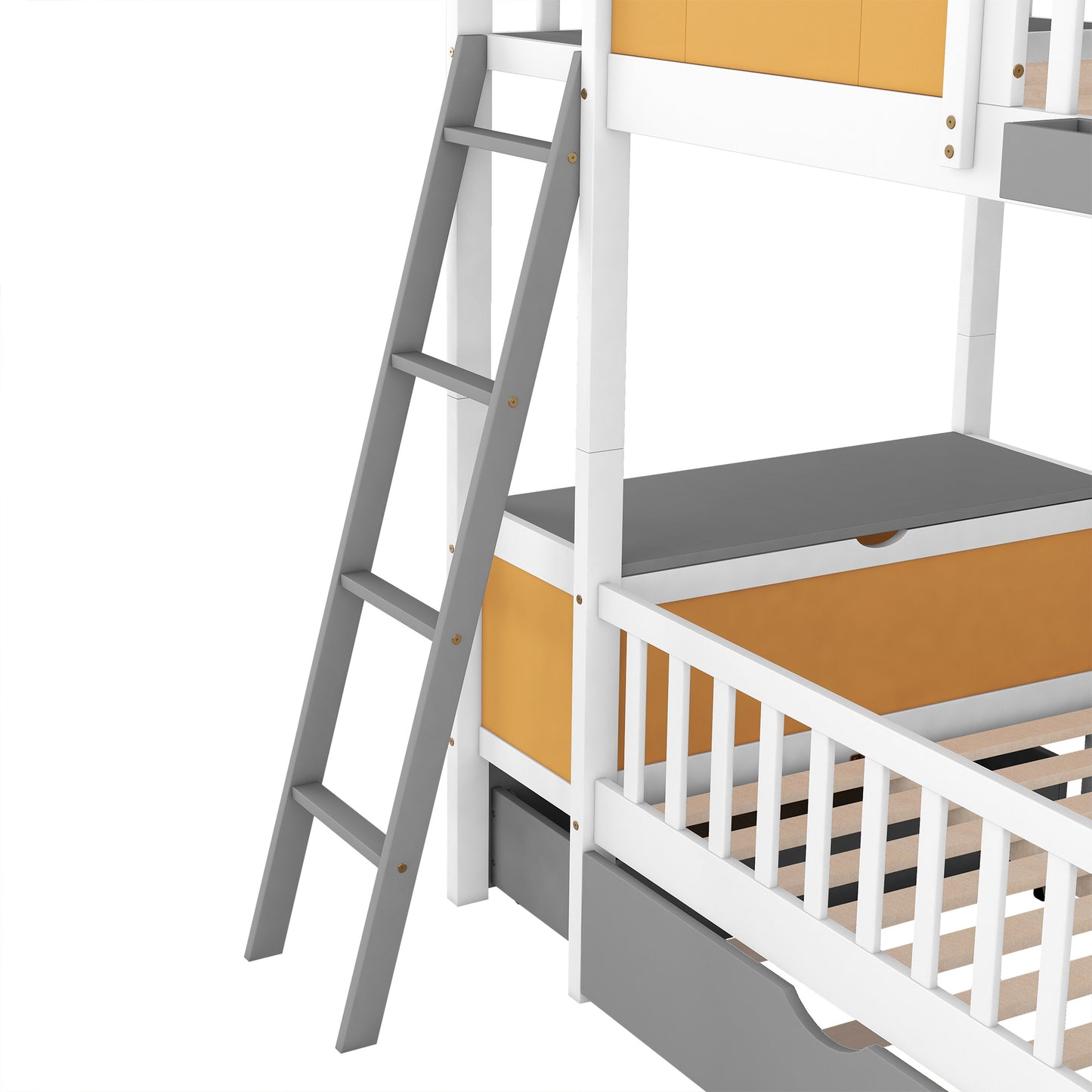 Twin over Twin Bunk Bed with Twin Size Trundle , Farmhouse Bed with Storage Box and Drawer - Yellow