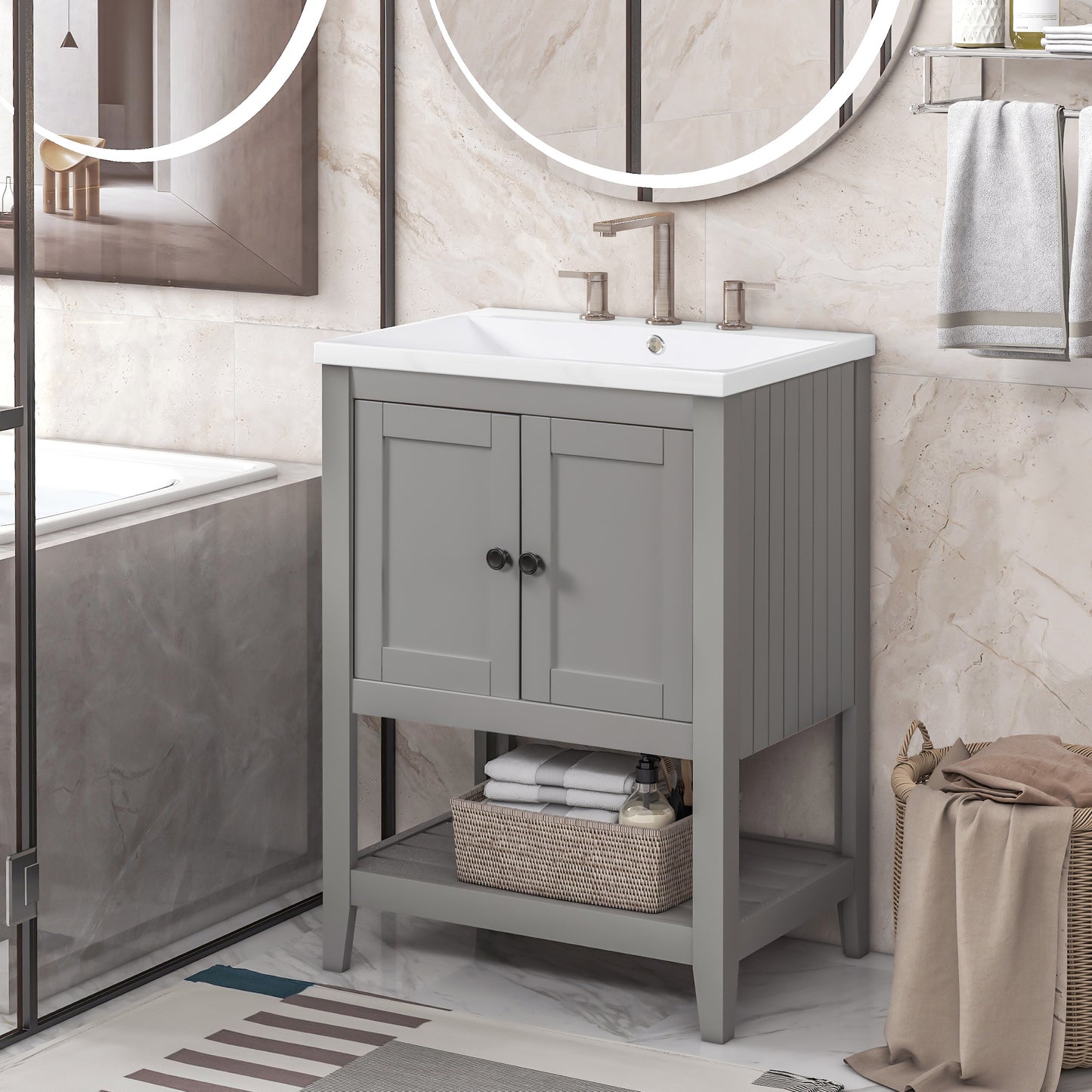 [VIDEO] 24" Grey Modern Sleek Bathroom Vanity Elegant Ceramic Sink with Solid Wood Frame Open Style Shelf (OLD SKU: JL000001AAE)