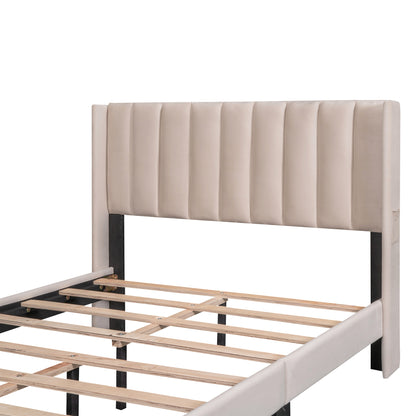 Full Size Storage Bed Velvet Upholstered Platform Bed with a Big Drawer - Beige