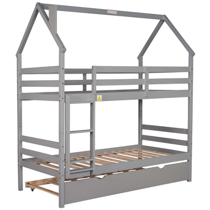 Twin over Twin House Bunk Bed with Trundle and Chimney Design,Gray