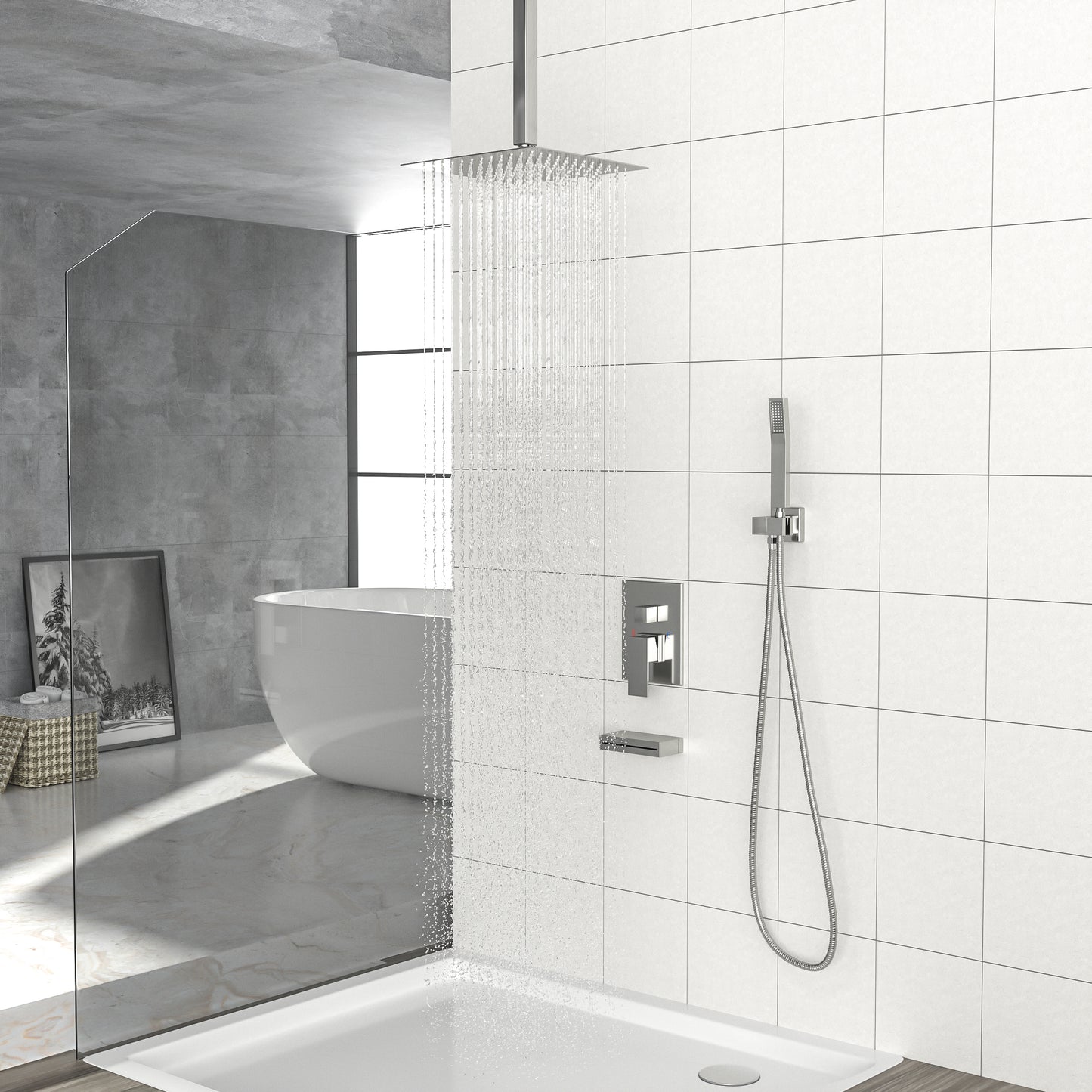 12" Rain Shower Head Systems with Waterfall Tub Spout, Brushed Nickel,Ceiling Mounted shower